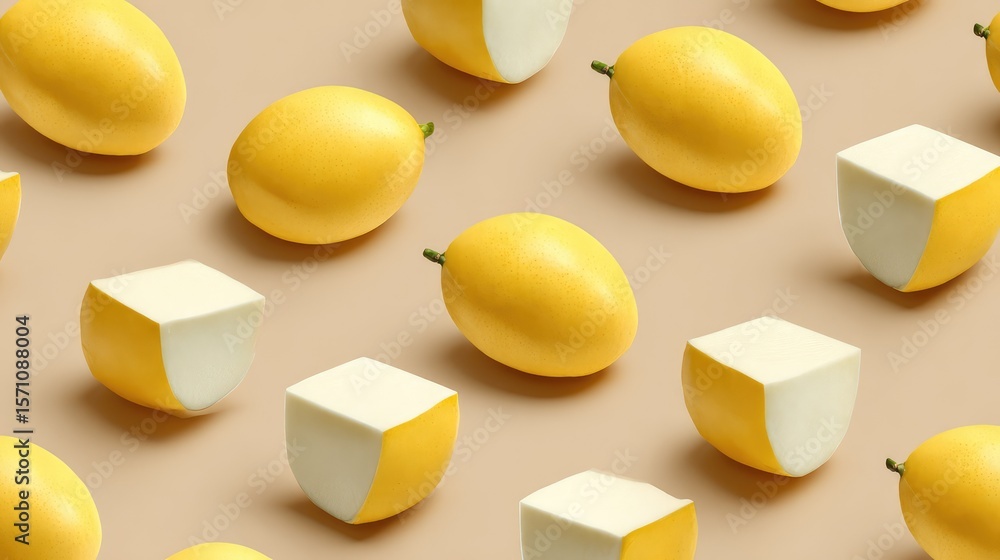 Poster abstract mango design with peeled skin and cubes shaped into a pattern on neutral surface