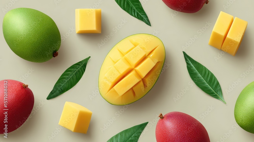 Aufkleber abstract mango design with peeled skin and cubes shaped into a pattern on neutral surface