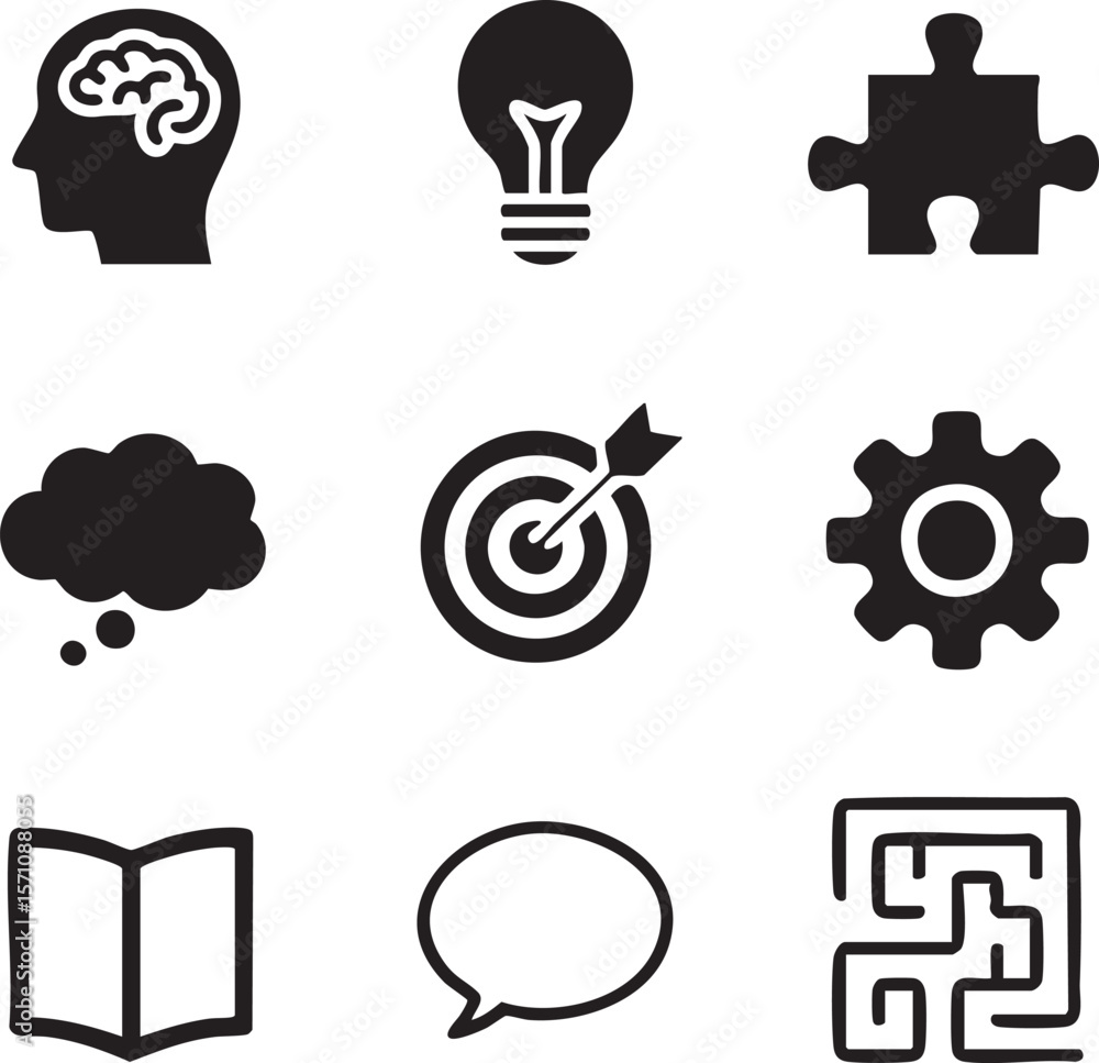 Poster brainstorming solutions black silhouette icon set representing creativity problem solving and strate