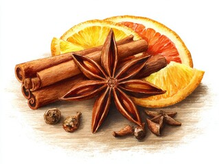 Warm watercolor illustration of mulled wine spice star arrangement on rustic wooden board