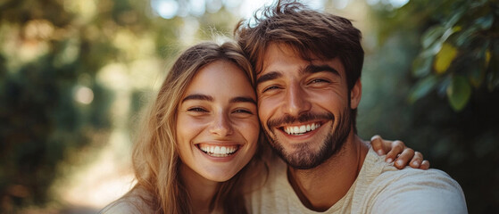 Young couple smiling against a blurry green forest background. Perfect for themes related to relationships, youth and nature.