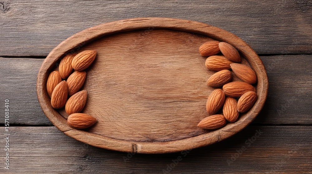 Poster almonds arranged neatly on a rustic wooden tray with room left blank for text overlay