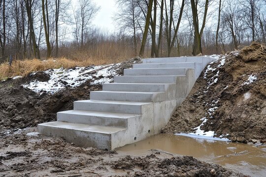 New concrete stairs ascend an embankment in a woodland setting. Use this for construction, landscaping or outdoor design projects.