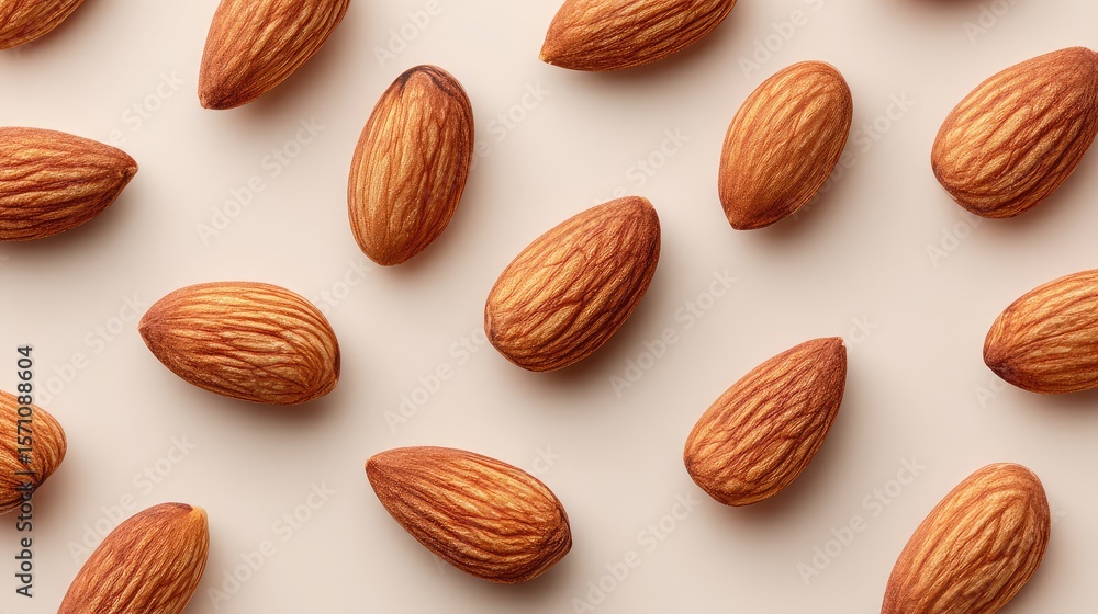 Poster almonds scattered in a pattern on light textured fabric, flat lay with clean background