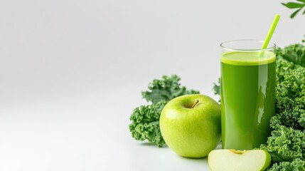 Refreshing green smoothie with kale and apple, set against a clean white background