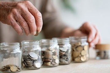 Hands carefully sorting coins into jars, showcasing organization