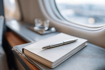 Notebook rests on table near an airplane window, inviting inspir
