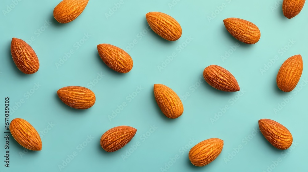 Aufkleber artistic overhead shot of almonds in neat rows on pastel surface with ample negative space