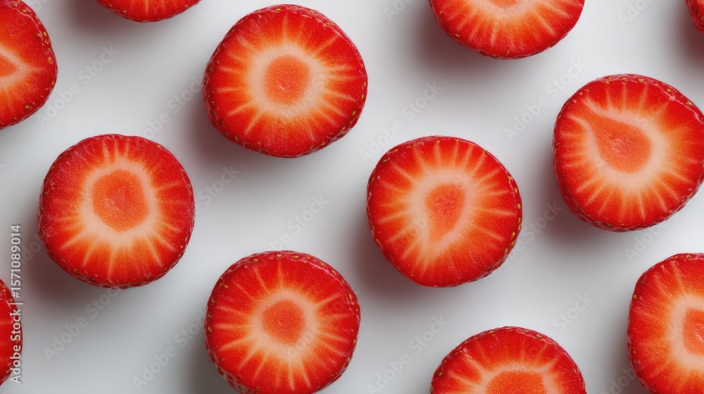 Poster artistic overhead view of strawberry halves arranged in geometric pattern with clean background