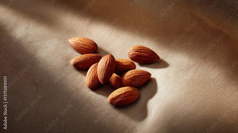 Poster artistic scatter of almonds on a linen cloth with shadows and negative space for overlay