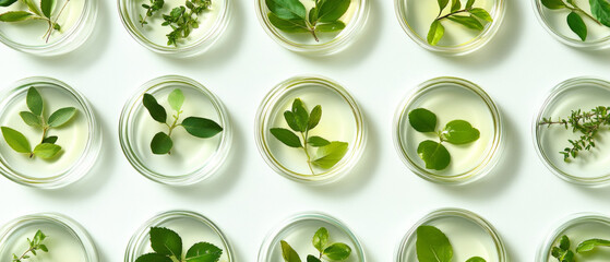 Diversity of green plants in transparent containers. Scientific research, ecology, laboratory conditions. Scientific articles, environmental projects, educational materials.