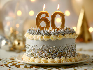 elegant 60th birthday cake with candles and silver decorations on table