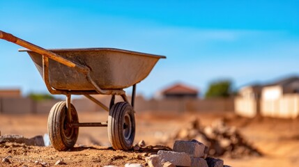 Wheelbarrow on a construction site with a clear blue sky and distant houses in the background