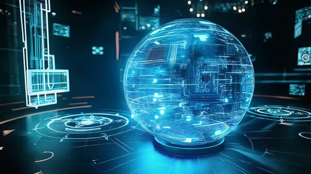 Glowing digital sphere stands on futuristic platform with holographic elements. Concept of technology and innovation.