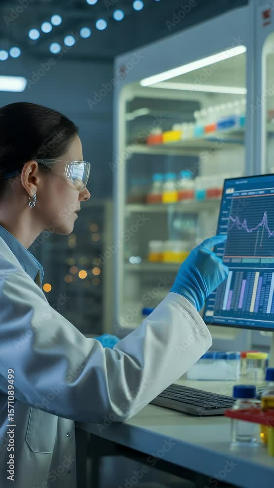 Aufkleber scientist analyzing data: a focused female scientist in a lab coat and protective eyewear meticulous