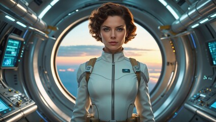 Determined female astronaut in a sleek suit stands in a futuristic spaceship, gazing ahead through a circular portal, symbolizing innovation, exploration, and space travel