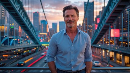Confident man with a distinguished look stands on a modern city bridge against a vibrant, blurred skyline at dusk, symbolizing urban sophistication and business success