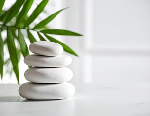 Stack of zen stones with green plant, water in spa. Wellness concept
