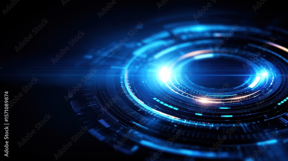 Poster abstract futuristic digital circular design with glowing lights on a dark background