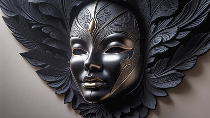 
Decorative image of a mask.
An intricate mask with ornate patterns and blue hues stands against a textured decorative background.