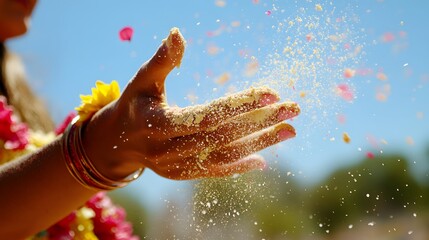 A hand throws colored powder into the air.