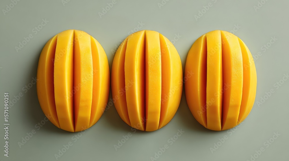 Aufkleber bright top view with symmetrical mango slices on neutral background and central space for overlay