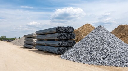 Building materials like sand, rebar, and concrete stacked at open construction site, with clear...