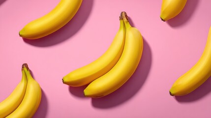 Clean flat lay of yellow bananas on pastel pink background, positioned to allow central copy space