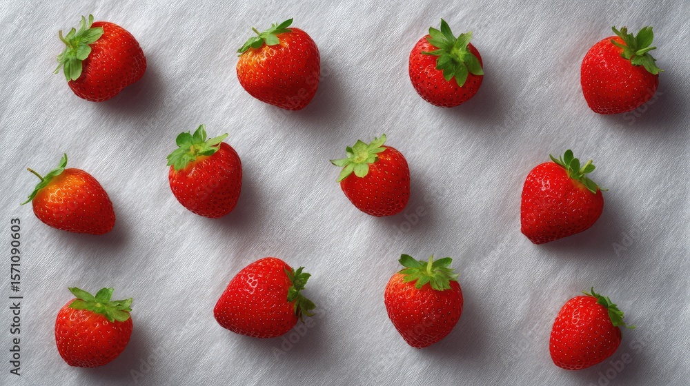Poster clean top-down image of strawberries spread evenly on parchment paper with empty margins