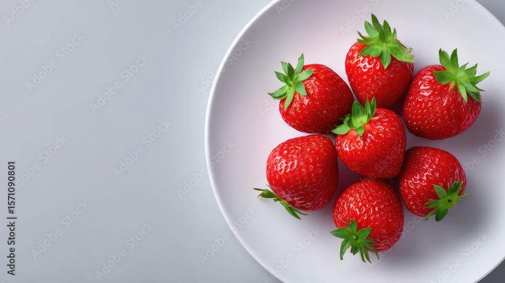 Poster close-up top view of bright red strawberries clustered on a white plate with space around for design