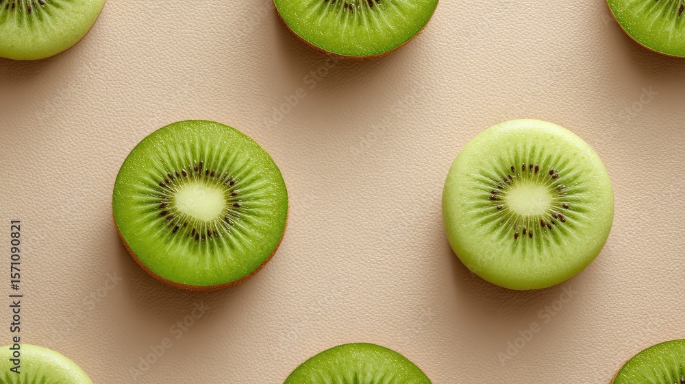 Poster close-up top view of kiwi rounds arranged in a pattern on beige fabric with space for layout