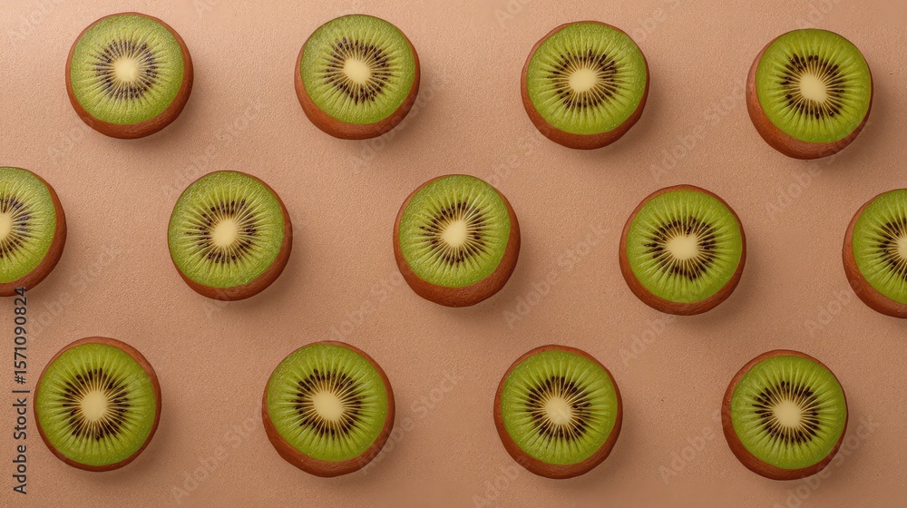 Poster close-up top view of kiwi rounds arranged in a pattern on beige fabric with space for layout