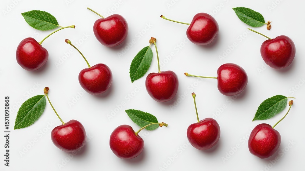 Poster close overhead shot of ripe cherries with stems and leaves arranged in a pattern on white background