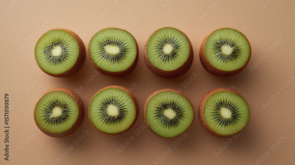 Poster composition of kiwi rings in a perfect grid from top view on a soft colored surface with blank area