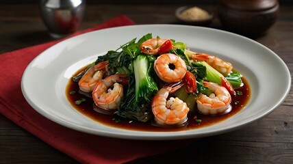 "High-resolution food photo of a beautifully arranged shrimp and vegetable noodle dish, perfect for editorial use, magazine features, or upscale restaurant menus. The image highlights texture-rich ing