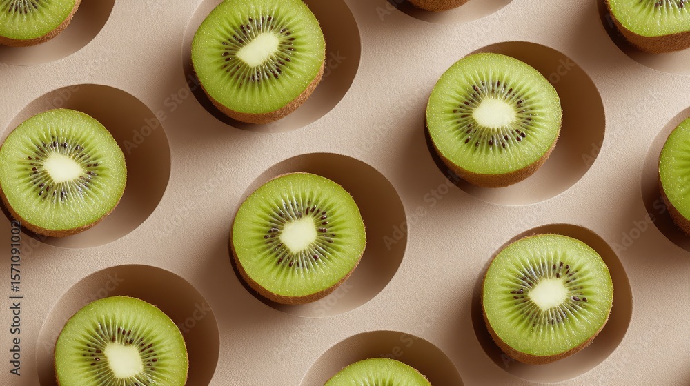 Poster cut kiwi halves placed in a circular frame with neutral paper texture background