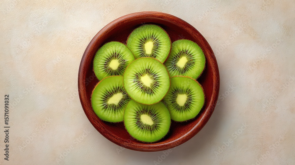 Aufkleber cut kiwi halves placed in a circular frame with neutral paper texture background