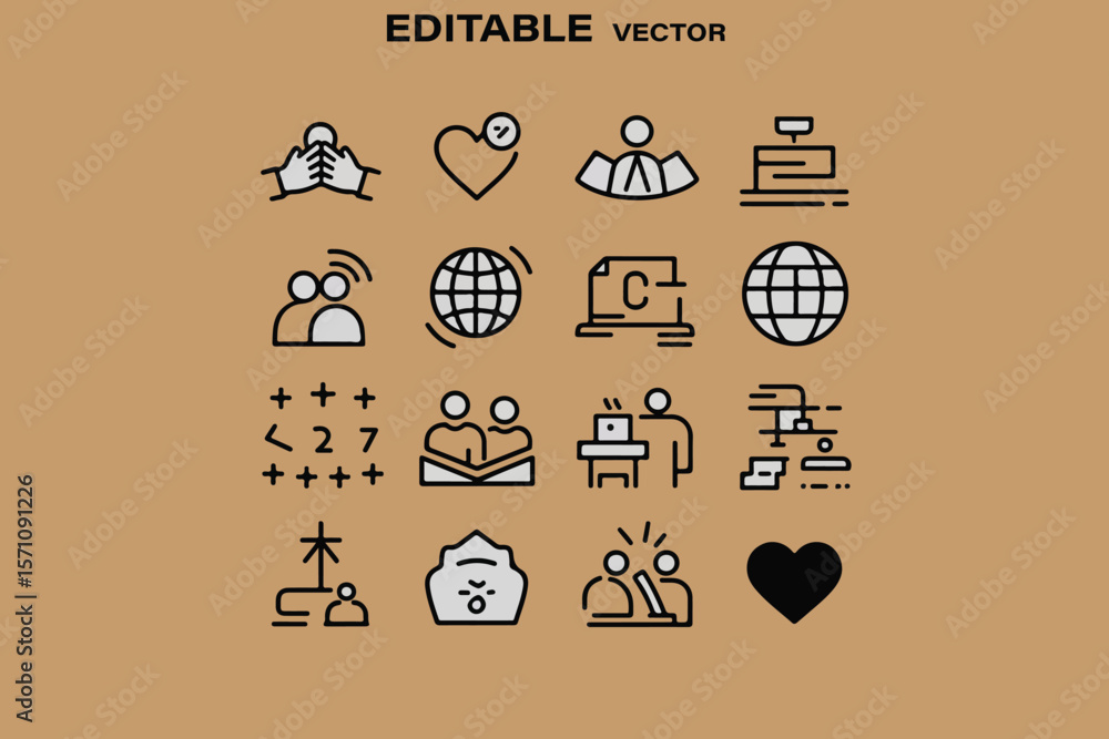 Poster collection of editable vector line art icons representing various concepts like teamwork communicati