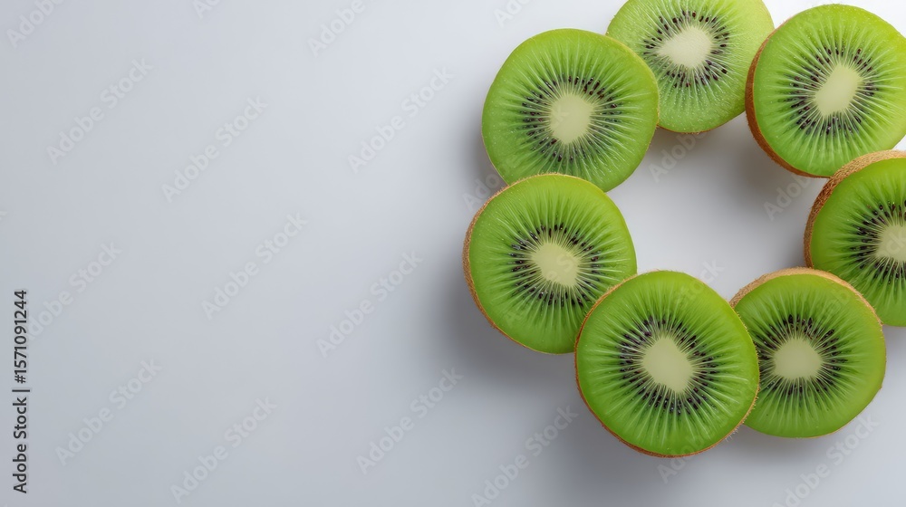 Aufkleber flat lay of a minimalist fruit scene with kiwi slices and blank background perfect for overlay