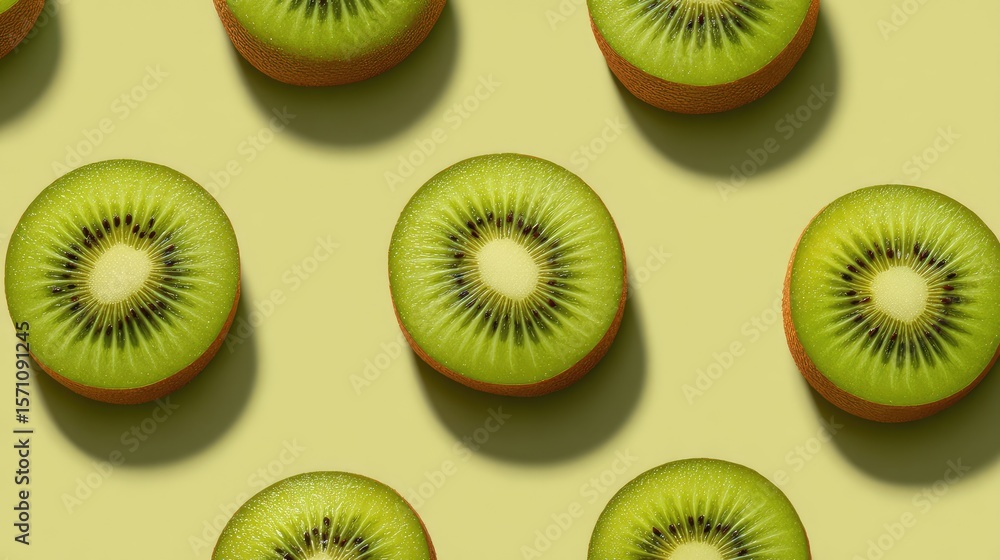 Poster flat lay of a minimalist fruit scene with kiwi slices and blank background perfect for overlay