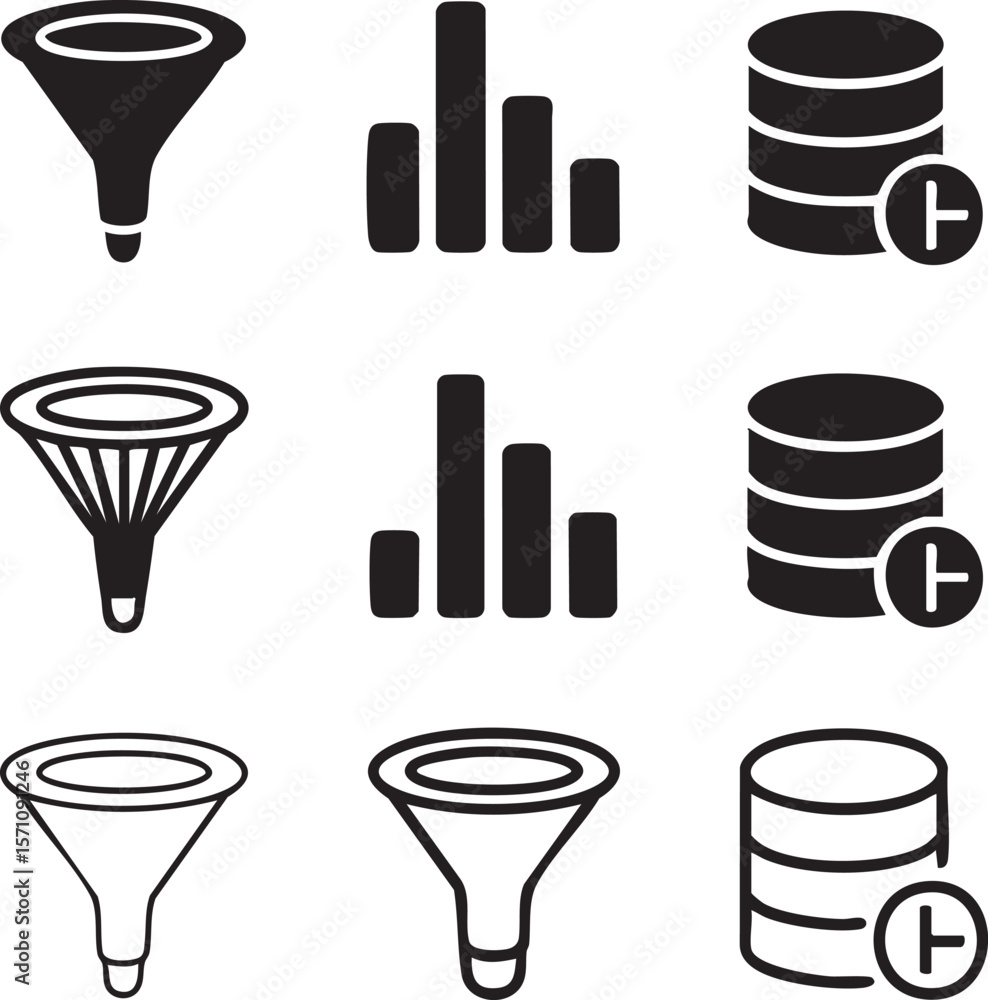 Aufkleber vector graphic of data analysis elements black and white icon set,featuring filters,data charts,and 