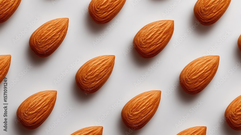 Poster flat lay of almonds arranged in geometric pattern on white background with blank space