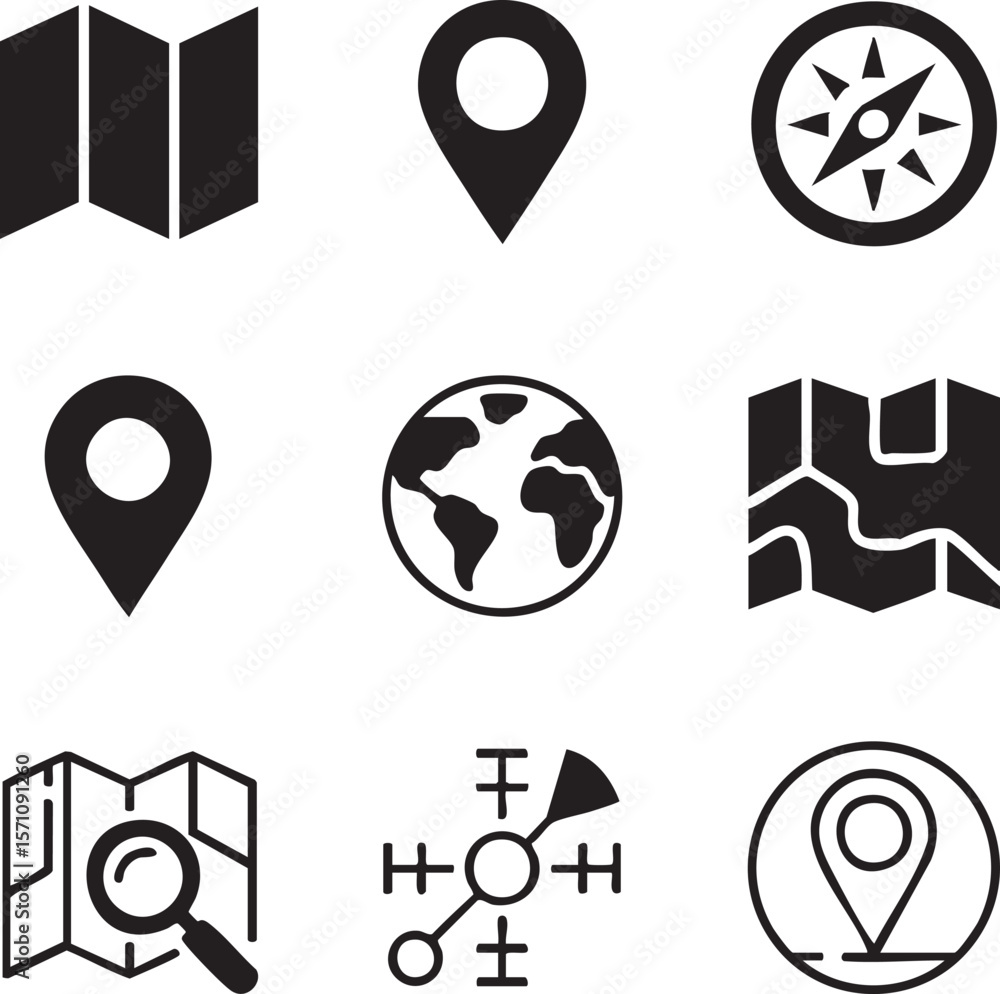 Poster travel and navigation black icon set featuring compass map and globe location marker icons minimalis