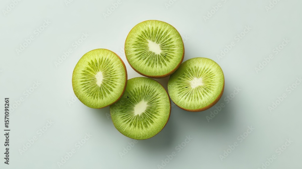Poster flat lay of a minimalist fruit scene with kiwi slices and blank background perfect for overlay