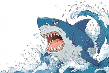 Shark with open mouth full of sharp teeth and water splash. Generative Ai