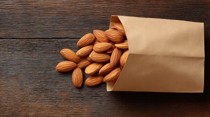 Flat lay of almonds spilling from a brown paper bag on rustic wooden table with blank area