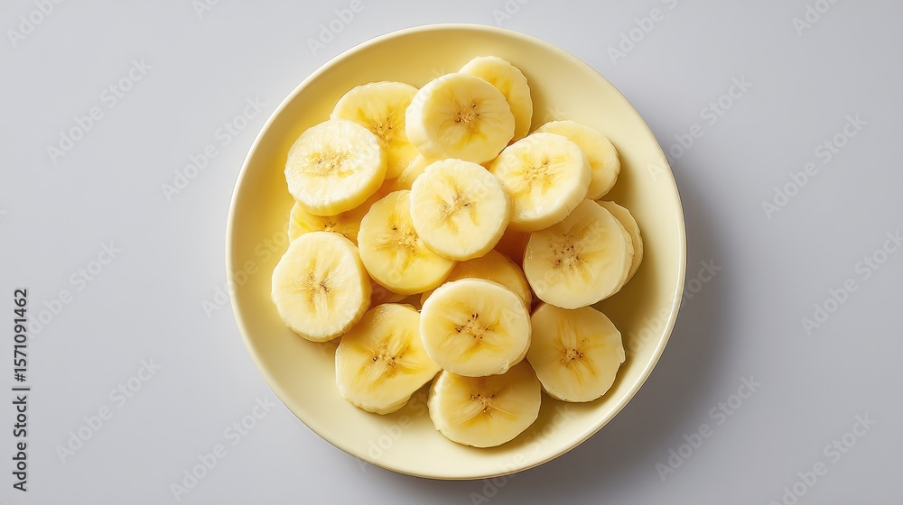 Poster fresh banana slices arranged randomly on a light-colored plate, top view with open background