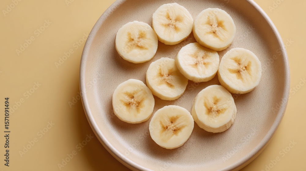 Poster fresh banana slices arranged randomly on a light-colored plate, top view with open background