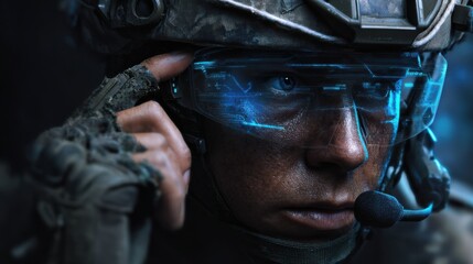 Military soldier in advanced tactical gear battlefield portrait combat zone close-up technology integration