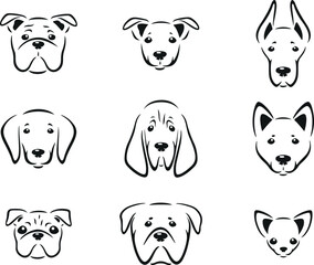 Dog Face Vector Icon Set – Pet, Puppy, Cute, Animal, Breed, Doodle, Hand-Drawn, Minimalist, Line Art, Dog Icon, Outline, Domestic, Happy, Sketch, Cartoon